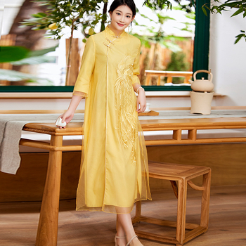 Kínai stílusú hímzett álló galléros cheongsam ruha, organza anyag, laza Hanfu-sziluett, tavasz 2023, kód 6012