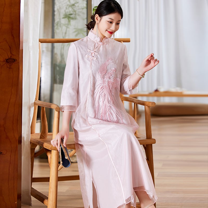 Kínai stílusú hímzett álló galléros cheongsam ruha, organza anyag, laza Hanfu-sziluett, tavasz 2023, kód 6012