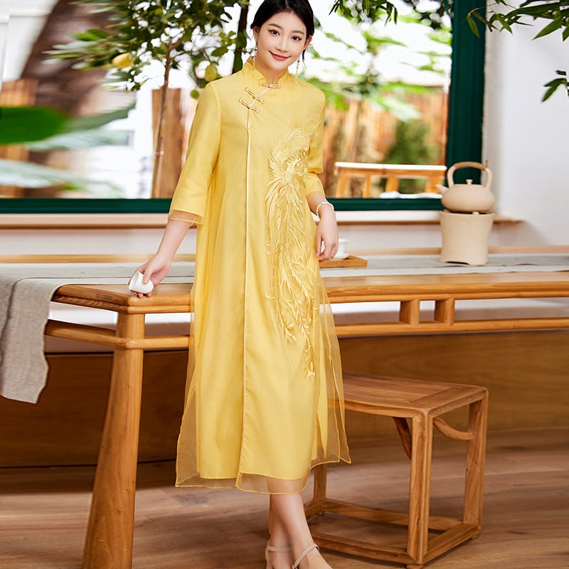 Kínai stílusú hímzett álló galléros cheongsam ruha, organza anyag, laza Hanfu-sziluett, tavasz 2023, kód 6012