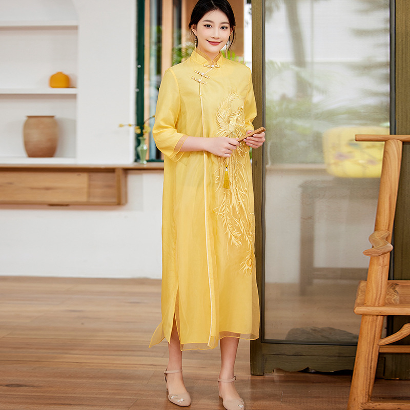 Kínai stílusú hímzett álló galléros cheongsam ruha, organza anyag, laza Hanfu-sziluett, tavasz 2023, kód 6012