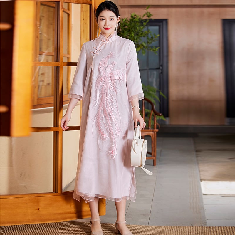 Kínai stílusú hímzett álló galléros cheongsam ruha, organza anyag, laza Hanfu-sziluett, tavasz 2023, kód 6012