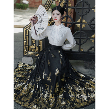 Quchi Hanfu-inspirirani komplet s vezom, dugi rukavi, džakard, zlatni otisci detalja, 95% poliester
