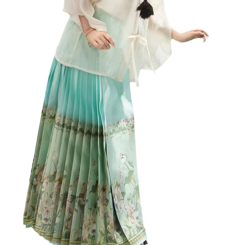 Hanfu set šal i suknja s dizajnom 'Horse-Face', vintage kineskog stila, acetatna vlakna 30–50% i Spandex 50–70%, zlatno pletenje, ljeto 2023
