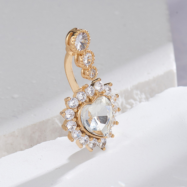 Pupčani piercing nakit — srcoliki dizajn sa cirkonima, obruč pupka, ženski stil (bakar; srce dizajn; pupčani nakit; elektroplatiranje)