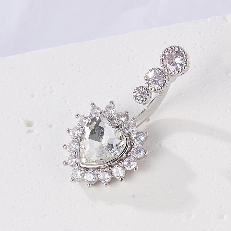 Pupčani piercing nakit — srcoliki dizajn sa cirkonima, obruč pupka, ženski stil (bakar; srce dizajn; pupčani nakit; elektroplatiranje)