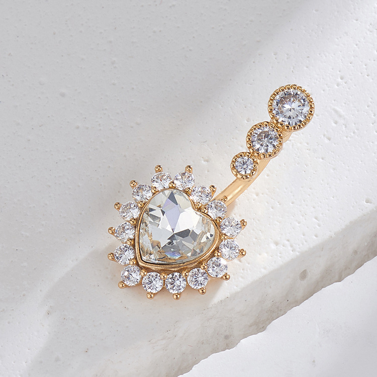 Pupčani piercing nakit — srcoliki dizajn sa cirkonima, obruč pupka, ženski stil (bakar; srce dizajn; pupčani nakit; elektroplatiranje)