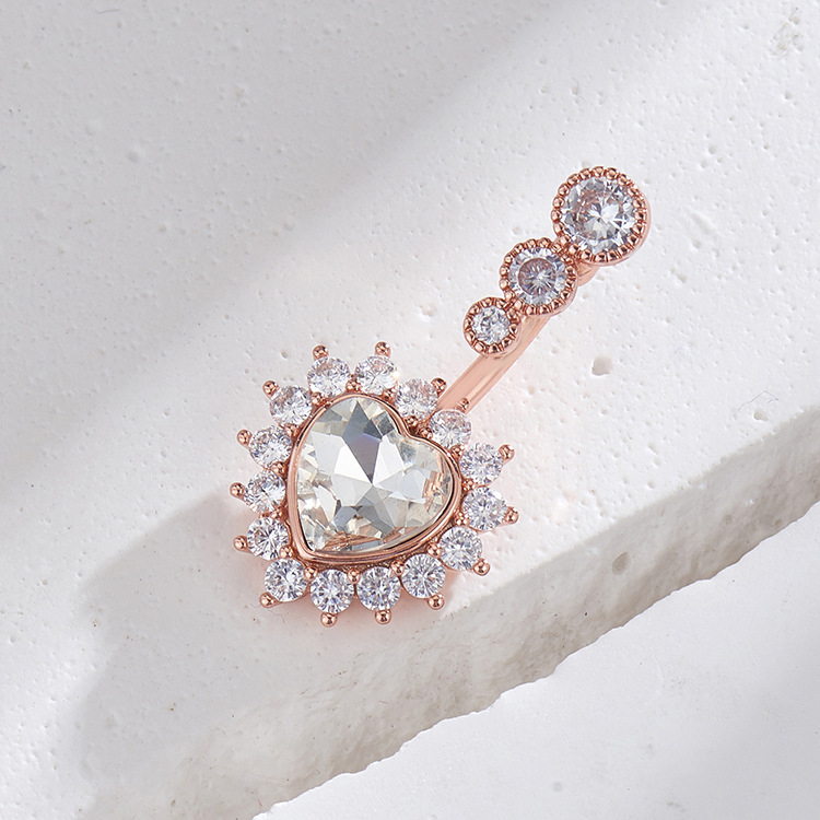 Pupčani piercing nakit — srcoliki dizajn sa cirkonima, obruč pupka, ženski stil (bakar; srce dizajn; pupčani nakit; elektroplatiranje)