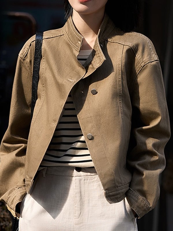 Aszimmetrikus állógalléros farmerdzseki, hosszú ujjú, normál hossz, pamut, ősz 2025