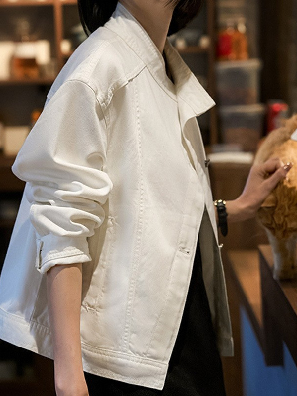 Aszimmetrikus állógalléros farmerdzseki, hosszú ujjú, normál hossz, pamut, ősz 2025