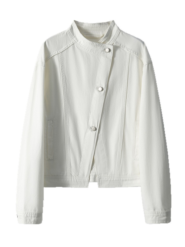 Aszimmetrikus állógalléros farmerdzseki, hosszú ujjú, normál hossz, pamut, ősz 2025