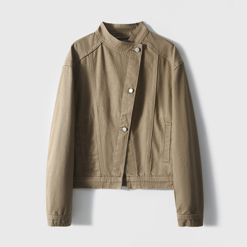 Aszimmetrikus állógalléros farmerdzseki, hosszú ujjú, normál hossz, pamut, ősz 2025