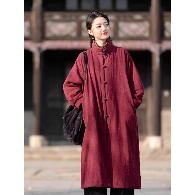 Női téli pamutkabát, tömött quiltelt bélés, koronggombos részlet, laza, hosszú fazon, 80–90% pamut