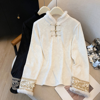 Hosszúujjú belső felső, pamut-poliészter keverék, kefés felület, kínai stílus, vastag melegen tartó plüss szegéllyel, 2025 ősz-tél