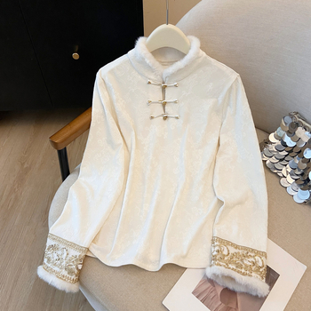 Hosszúujjú belső felső, pamut-poliészter keverék, kefés felület, kínai stílus, vastag melegen tartó plüss szegéllyel, 2025 ősz-tél