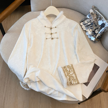 Hosszúujjú belső felső, pamut-poliészter keverék, kefés felület, kínai stílus, vastag melegen tartó plüss szegéllyel, 2025 ősz-tél