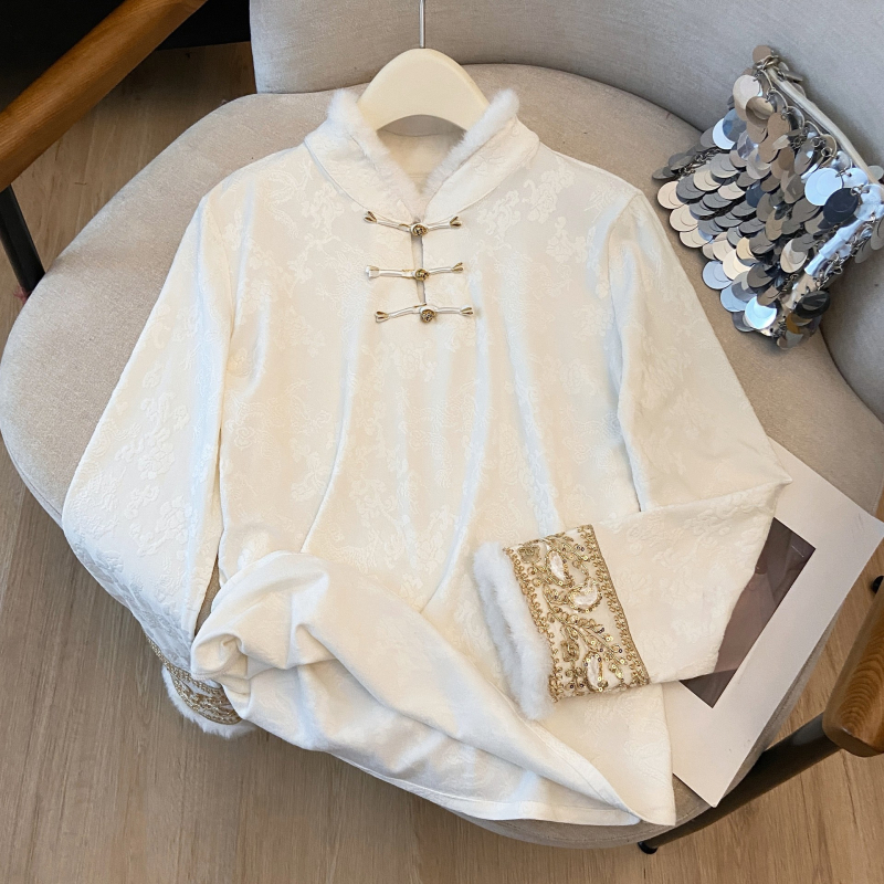 Hosszúujjú belső felső, pamut-poliészter keverék, kefés felület, kínai stílus, vastag melegen tartó plüss szegéllyel, 2025 ősz-tél