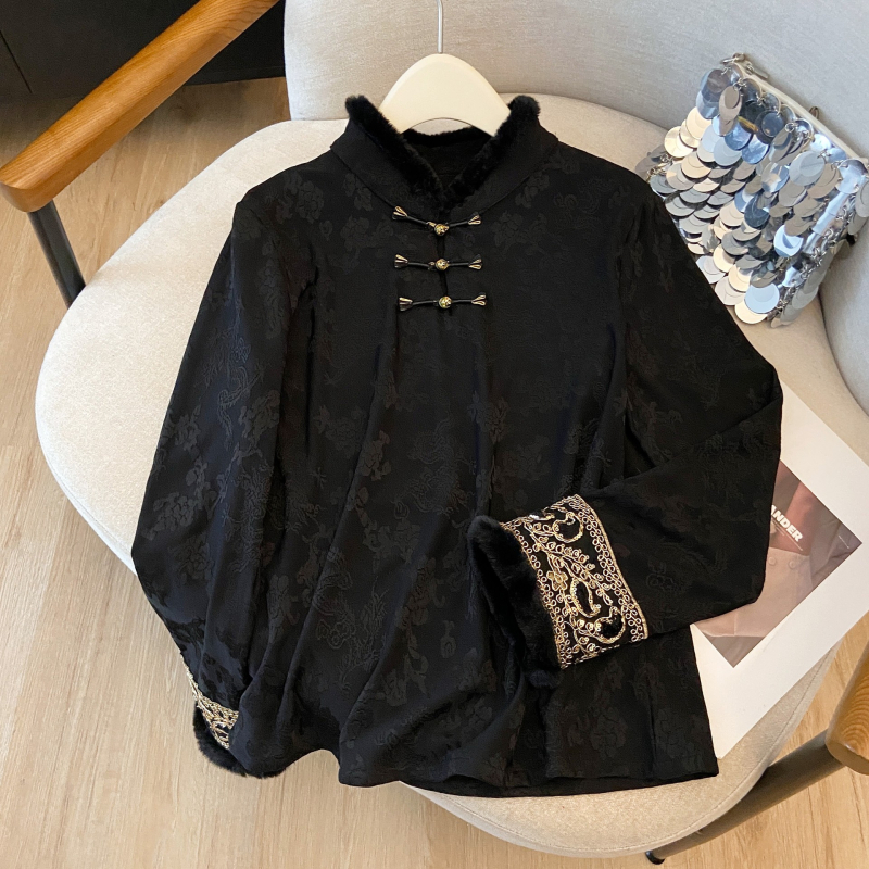 Hosszúujjú belső felső, pamut-poliészter keverék, kefés felület, kínai stílus, vastag melegen tartó plüss szegéllyel, 2025 ősz-tél