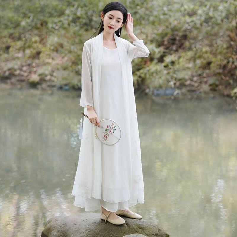 Női Zen ruha kínai ihletésű stílusban, Chenille-Spandex keverék, Royal Sister Wind stílus, hosszú hercegnő ujjas karokkal, lezser öltözet, 2024 tavasz