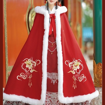 Ženski Hanfu zimski ogrtač, duga kapuljača s flis podstavom, izvezen, od poliestera; glavni materijal 80–90% poliestera, sekundarni materijal <30%