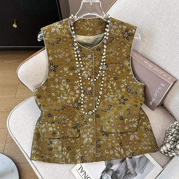 Ханфу топ с флорална жакардова бродерия, малък кръгъл деколте, джоб — памук-полиестер смес; Основна тъкан: полиестер; Всесезонно; Съдържание на полиестер: под 30%