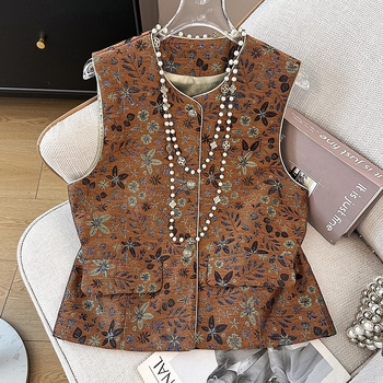 Ханфу топ с флорална жакардова бродерия, малък кръгъл деколте, джоб — памук-полиестер смес; Основна тъкан: полиестер; Всесезонно; Съдържание на полиестер: под 30%