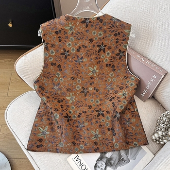 Ханфу топ с флорална жакардова бродерия, малък кръгъл деколте, джоб — памук-полиестер смес; Основна тъкан: полиестер; Всесезонно; Съдържание на полиестер: под 30%