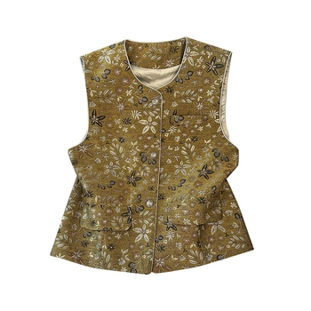 Ханфу топ с флорална жакардова бродерия, малък кръгъл деколте, джоб — памук-полиестер смес; Основна тъкан: полиестер; Всесезонно; Съдържание на полиестер: под 30%