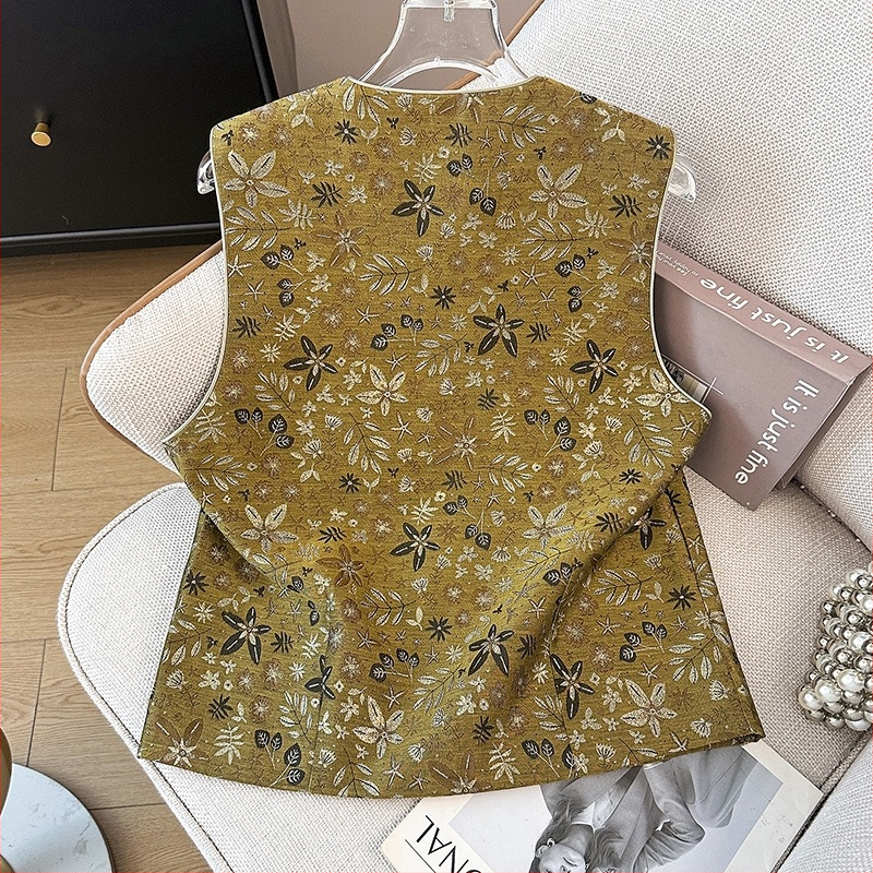 Ханфу топ с флорална жакардова бродерия, малък кръгъл деколте, джоб — памук-полиестер смес; Основна тъкан: полиестер; Всесезонно; Съдържание на полиестер: под 30%