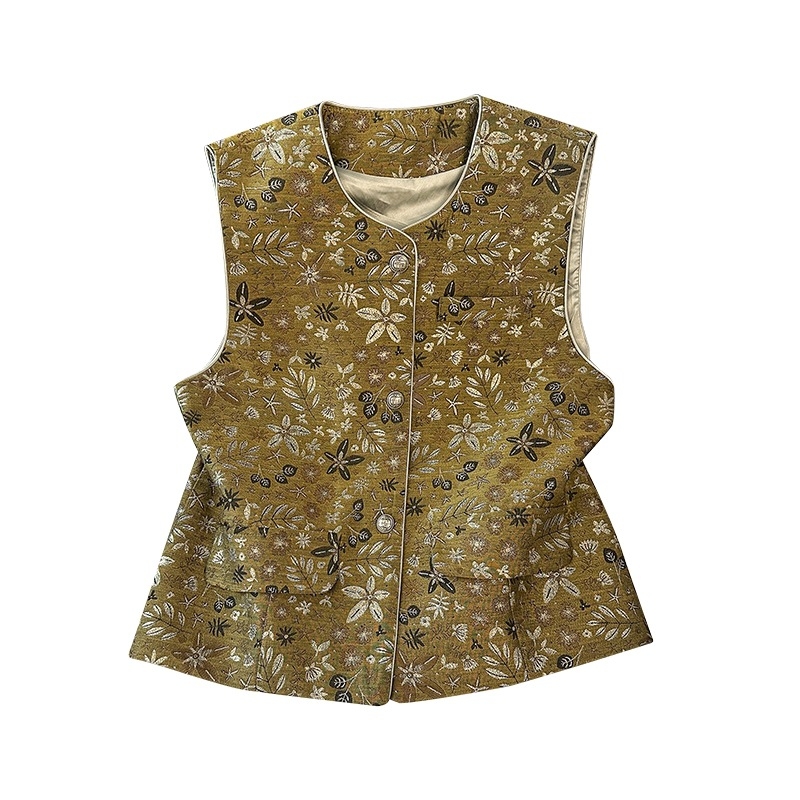 Ханфу топ с флорална жакардова бродерия, малък кръгъл деколте, джоб — памук-полиестер смес; Основна тъкан: полиестер; Всесезонно; Съдържание на полиестер: под 30%