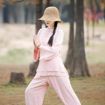 Női Zen pamut-len anyagú két darabos szett, kerek nyakú hosszú ujjú felső és nadrág; etnikus Tai Chi stílus