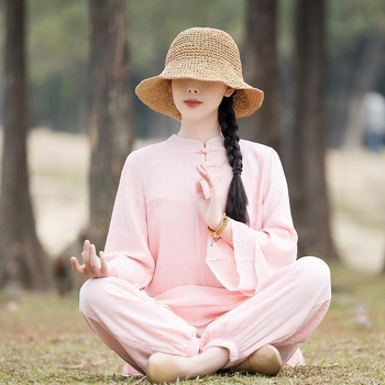 Női Zen pamut-len anyagú két darabos szett, kerek nyakú hosszú ujjú felső és nadrág; etnikus Tai Chi stílus