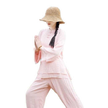 Női Zen pamut-len anyagú két darabos szett, kerek nyakú hosszú ujjú felső és nadrág; etnikus Tai Chi stílus