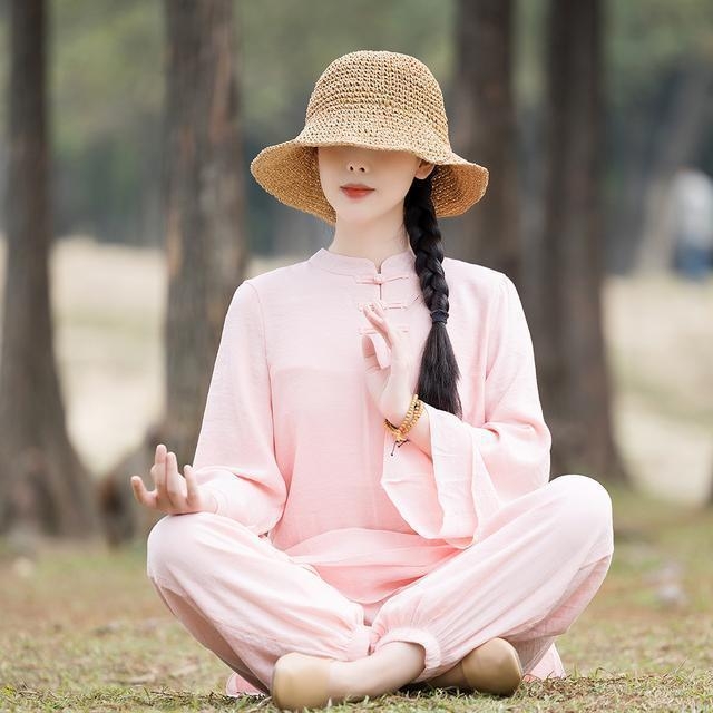 Női Zen pamut-len anyagú két darabos szett, kerek nyakú hosszú ujjú felső és nadrág; etnikus Tai Chi stílus