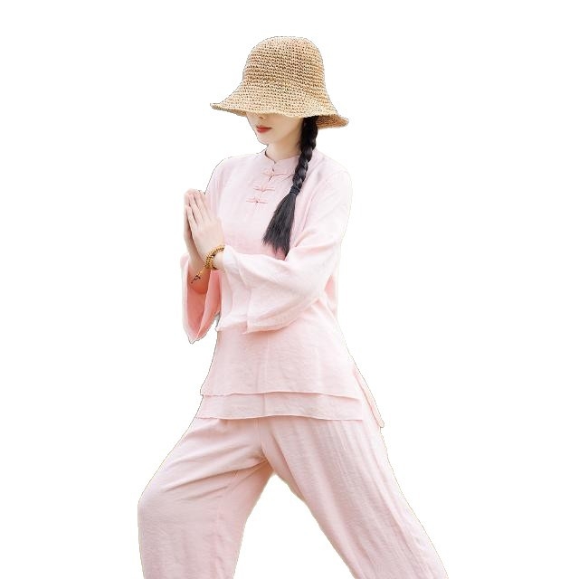 Női Zen pamut-len anyagú két darabos szett, kerek nyakú hosszú ujjú felső és nadrág; etnikus Tai Chi stílus
