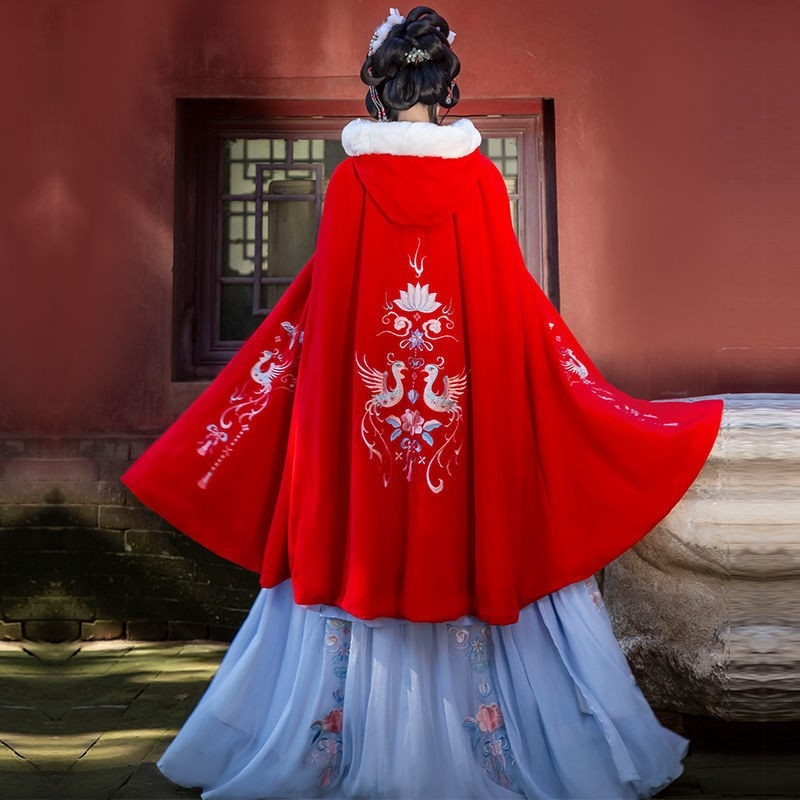 Hanfu ženski zimski kaput s flis podstavom, dug, antički stil, našiven poliester materijal