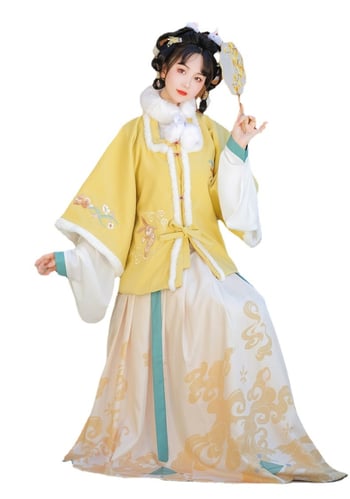 Ženski Hanfu zimski set s motivom životinja, ojačana mamian suknja, poboljšana kratka jakna s kvadratnim ovratnikom, izšivka