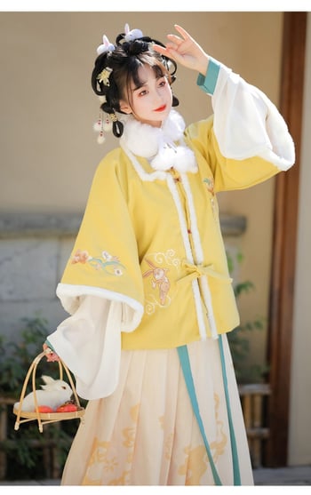 Ženski Hanfu zimski set s motivom životinja, ojačana mamian suknja, poboljšana kratka jakna s kvadratnim ovratnikom, izšivka