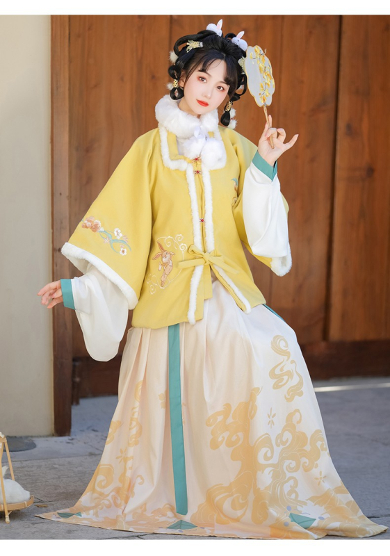Ženski Hanfu zimski set s motivom životinja, ojačana mamian suknja, poboljšana kratka jakna s kvadratnim ovratnikom, izšivka