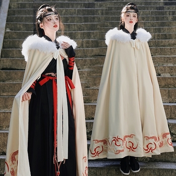 Hanfu nadahnut kaput s vezom cvjetnog uzorka, dvostrani, s fleksom iznutra, odvojivi krzneni ovratnik, smjesa pamuka i poliestera