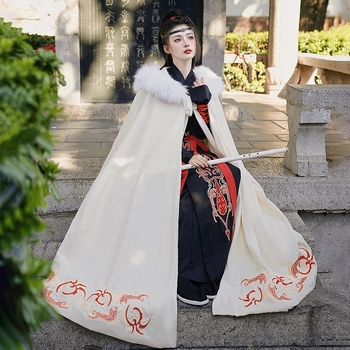 Hanfu nadahnut kaput s vezom cvjetnog uzorka, dvostrani, s fleksom iznutra, odvojivi krzneni ovratnik, smjesa pamuka i poliestera