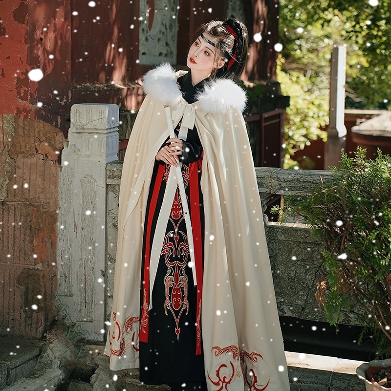 Hanfu nadahnut kaput s vezom cvjetnog uzorka, dvostrani, s fleksom iznutra, odvojivi krzneni ovratnik, smjesa pamuka i poliestera