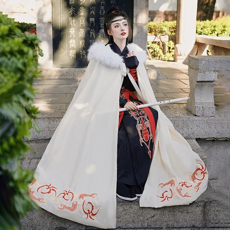 Hanfu nadahnut kaput s vezom cvjetnog uzorka, dvostrani, s fleksom iznutra, odvojivi krzneni ovratnik, smjesa pamuka i poliestera