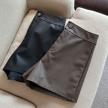 PU bőrhatású széles lábú nadrág, magas derekú, koreai stílus, téli 2023