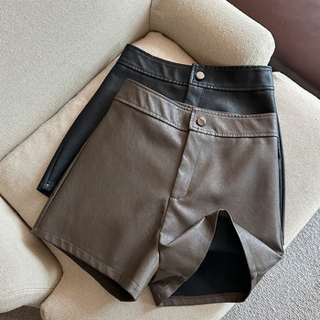 PU bőrhatású széles lábú nadrág, magas derekú, koreai stílus, téli 2023