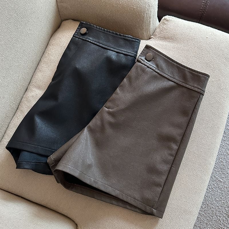 PU bőrhatású széles lábú nadrág, magas derekú, koreai stílus, téli 2023