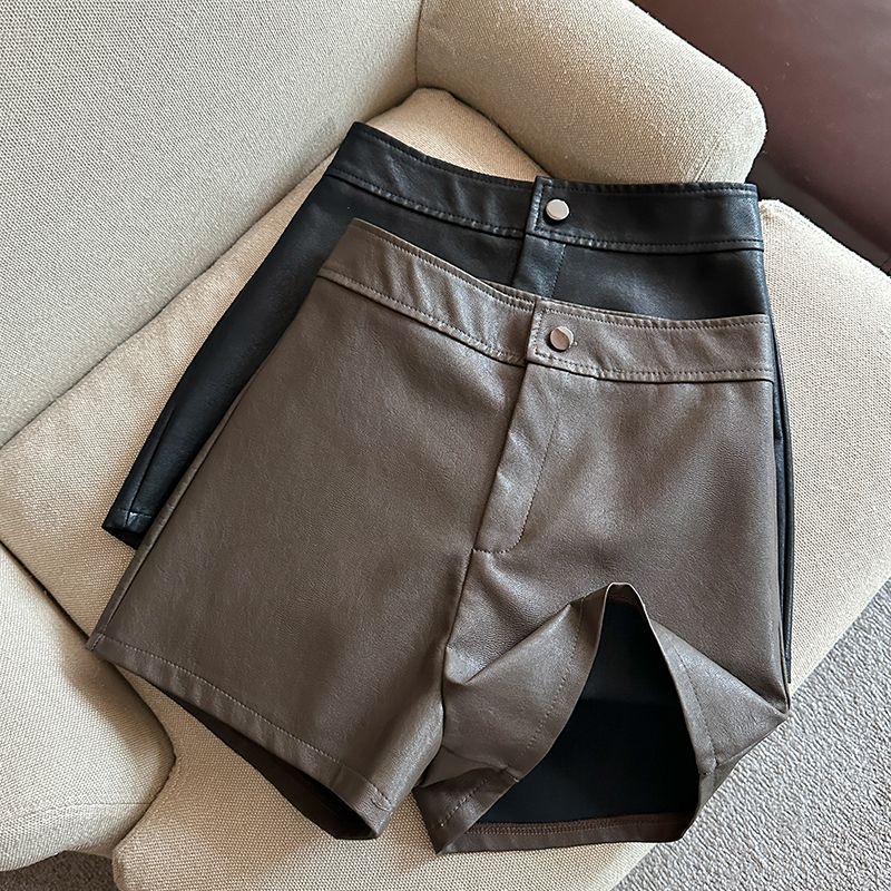 PU bőrhatású széles lábú nadrág, magas derekú, koreai stílus, téli 2023