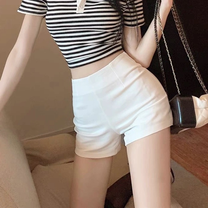 Magas derekú szabott rövidnadrág – poliészter, 90–95% poliészter-tartalom, egyenes szabás, friss és édes stílus, patchwork varrás