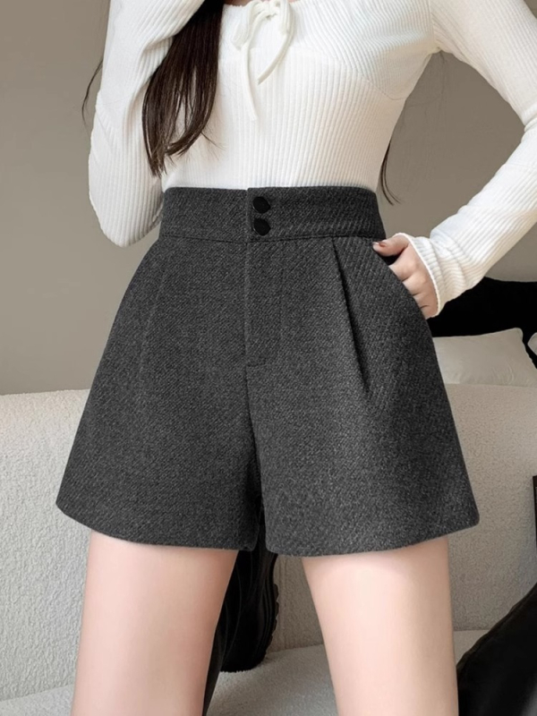 Női koreai stílusú magas derekú, 3/4 hosszúságú egyenes szabású nadrág, poliészter (95%+), durva plüss szövés, mikroelasztikusság, gombok