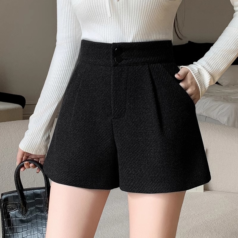 Női koreai stílusú magas derekú, 3/4 hosszúságú egyenes szabású nadrág, poliészter (95%+), durva plüss szövés, mikroelasztikusság, gombok