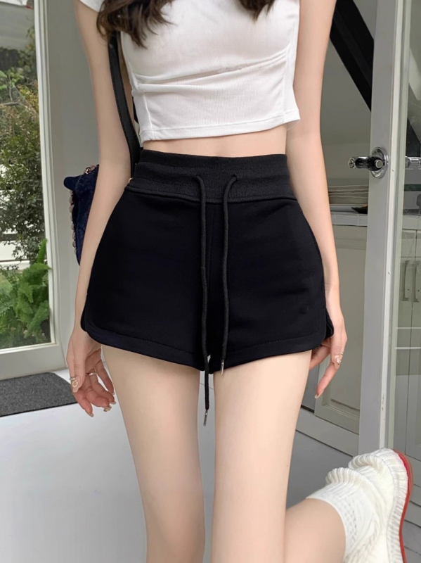 Ženske sportske šortse sa šnira za vezivanje, visokim strukom, duljina 3/4, mješavina poliester-spandeks, kroj A-linije